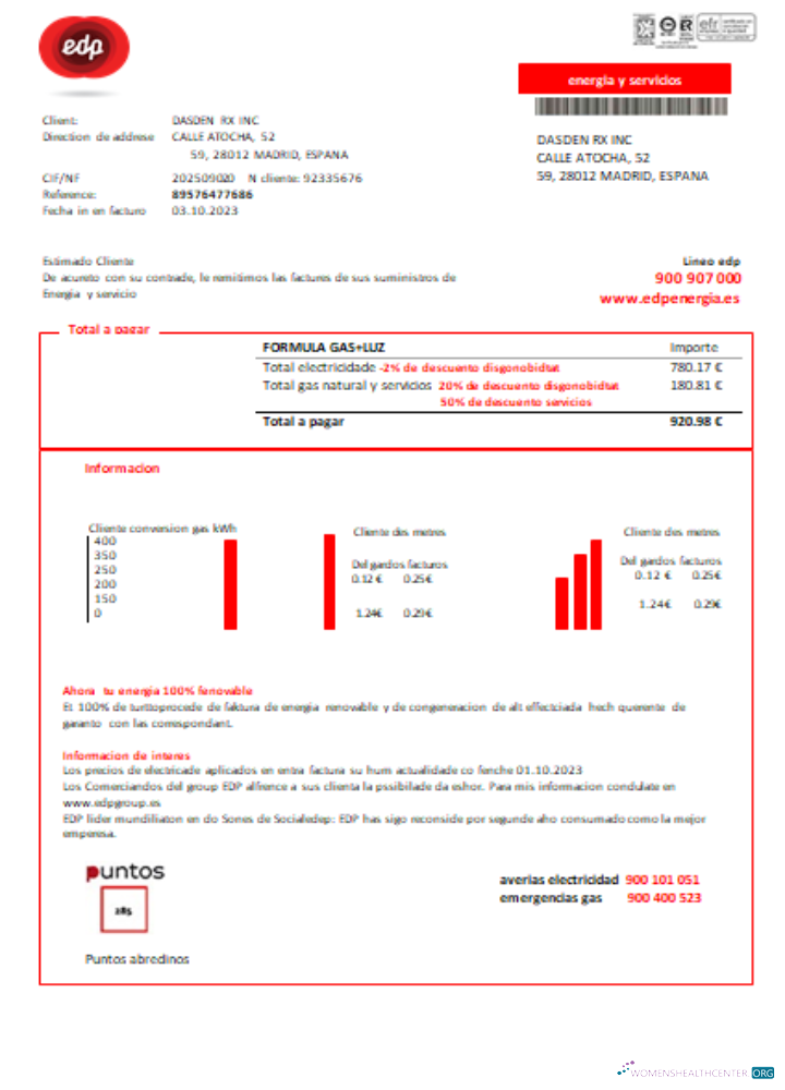 Download EDP Spain Energia utility business bill, SCR Photoshop template